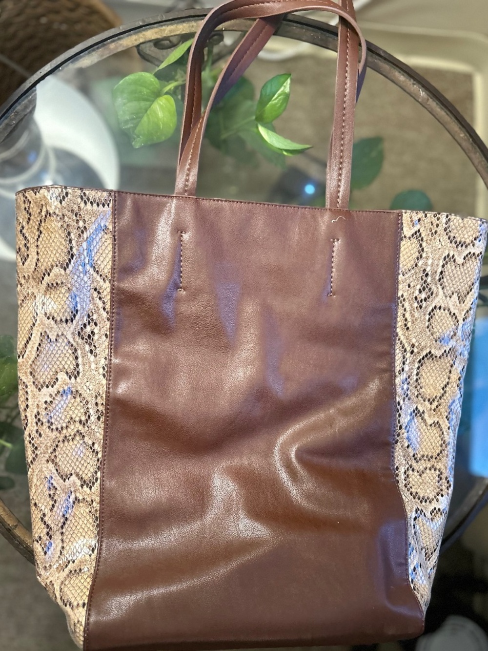Vintage Brown Leather Snakeskin Print Tote Bag Boho Shoulder Purse